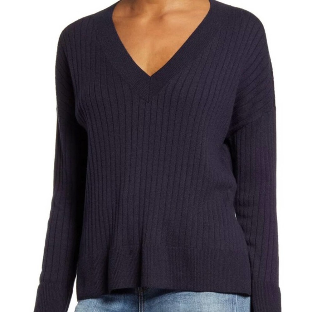 Treasure & Bond Women's Ribbed Navy V-Neck Sweater Size S